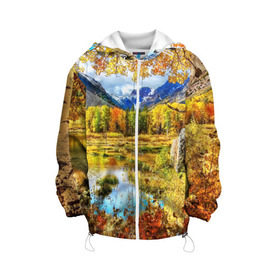 Детская куртка 3D с принтом Горное озеро в Петрозаводске, 100% полиэстер | застежка — молния, подол и капюшон оформлены резинкой с фиксаторами, по бокам — два кармана без застежек, один потайной карман на груди, плотность верхнего слоя — 90 г/м2; плотность флисового подклада — 260 г/м2 | Тематика изображения на принте: autumn | bright | clouds | colors | forest | mountains | river | trees | горы | деревья | краски | лес | облака | осень | река | цвета | яркие