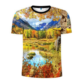 Мужская футболка 3D спортивная с принтом Горное озеро в Петрозаводске, 100% полиэстер с улучшенными характеристиками | приталенный силуэт, круглая горловина, широкие плечи, сужается к линии бедра | autumn | bright | clouds | colors | forest | mountains | river | trees | горы | деревья | краски | лес | облака | осень | река | цвета | яркие