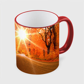 Кружка 3D с принтом Осеннее солнце в Петрозаводске, керамика | ёмкость 330 мл | autumn | bright | colors | forest | trees | деревья | дорога | краски | лес | лучи | осень | солнце | цвета | яркие