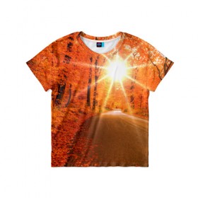 Детская футболка 3D с принтом Осеннее солнце в Петрозаводске, 100% гипоаллергенный полиэфир | прямой крой, круглый вырез горловины, длина до линии бедер, чуть спущенное плечо, ткань немного тянется | Тематика изображения на принте: autumn | bright | colors | forest | trees | деревья | дорога | краски | лес | лучи | осень | солнце | цвета | яркие