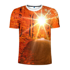 Мужская футболка 3D спортивная с принтом Осеннее солнце в Петрозаводске, 100% полиэстер с улучшенными характеристиками | приталенный силуэт, круглая горловина, широкие плечи, сужается к линии бедра | Тематика изображения на принте: autumn | bright | colors | forest | trees | деревья | дорога | краски | лес | лучи | осень | солнце | цвета | яркие
