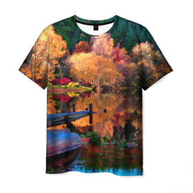 Мужская футболка 3D с принтом Осень в Петрозаводске, 100% полиэфир | прямой крой, круглый вырез горловины, длина до линии бедер | autumn | boat | bright | colors | forest | paint | river | trees | деревья | краски | лес | лодка | осень | река | цвета | яркие