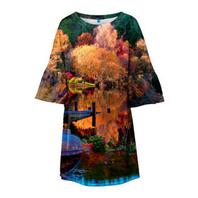 Детское платье 3D с принтом Осень в Петрозаводске, 100% полиэстер | прямой силуэт, чуть расширенный к низу. Круглая горловина, на рукавах — воланы | autumn | boat | bright | colors | forest | paint | river | trees | деревья | краски | лес | лодка | осень | река | цвета | яркие