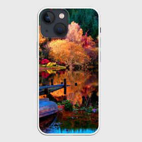 Чехол для iPhone 13 mini с принтом Осень в Петрозаводске,  |  | autumn | boat | bright | colors | forest | paint | river | trees | деревья | краски | лес | лодка | осень | река | цвета | яркие