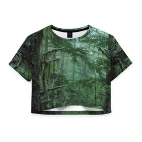 Женская футболка 3D укороченная с принтом Дремучий лес в Петрозаводске, 100% полиэстер | круглая горловина, длина футболки до линии талии, рукава с отворотами | camouflage | dense | fog | forest | spruce | tree | дремучий | ёлка | ельник | камуфляж | лес | маскировка | туман