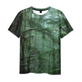 Мужская футболка 3D с принтом Дремучий лес в Петрозаводске, 100% полиэфир | прямой крой, круглый вырез горловины, длина до линии бедер | Тематика изображения на принте: camouflage | dense | fog | forest | spruce | tree | дремучий | ёлка | ельник | камуфляж | лес | маскировка | туман