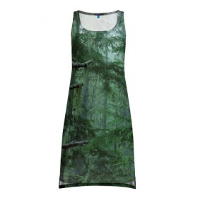 Платье-майка 3D с принтом Дремучий лес в Петрозаводске, 100% полиэстер | полуприлегающий силуэт, широкие бретели, круглый вырез горловины, удлиненный подол сзади. | camouflage | dense | fog | forest | spruce | tree | дремучий | ёлка | ельник | камуфляж | лес | маскировка | туман