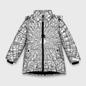 Зимняя куртка для девочек 3D с принтом Хатифнатты в Петрозаводске, ткань верха — 100% полиэстер; подклад — 100% полиэстер, утеплитель — 100% полиэстер. | длина ниже бедра, удлиненная спинка, воротник стойка и отстегивающийся капюшон. Есть боковые карманы с листочкой на кнопках, утяжки по низу изделия и внутренний карман на молнии. 

Предусмотрены светоотражающий принт на спинке, радужный светоотражающий элемент на пуллере молнии и на резинке для утяжки. | Тематика изображения на принте: moomins | мумми тролль | папа