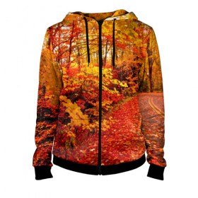 Женская толстовка 3D на молнии с принтом Осень в Петрозаводске, 100% полиэстер | длина до линии бедра, манжеты и пояс оформлены мягкой тканевой резинкой, двухслойный капюшон со шнурком для регулировки, спереди молния, по бокам два кармана | autumn | bright | colors | forest | paint | trees | деревья | краски | лес | осень | цвета | яркие