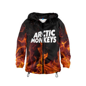 Детская ветровка 3D с принтом Arctic Monkeys fire в Петрозаводске, 100% полиэстер | подол и капюшон оформлены резинкой с фиксаторами, по бокам два кармана без застежек, один потайной карман на груди | Тематика изображения на принте: 