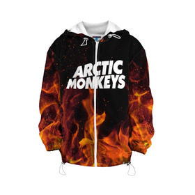 Детская куртка 3D с принтом Arctic Monkeys fire в Петрозаводске, 100% полиэстер | застежка — молния, подол и капюшон оформлены резинкой с фиксаторами, по бокам — два кармана без застежек, один потайной карман на груди, плотность верхнего слоя — 90 г/м2; плотность флисового подклада — 260 г/м2 | 