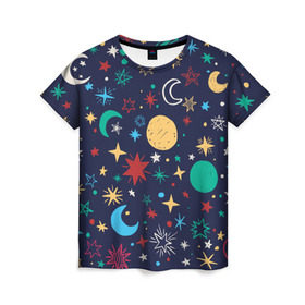 Женская футболка 3D с принтом Звездное небо в Петрозаводске, 100% полиэфир ( синтетическое хлопкоподобное полотно) | прямой крой, круглый вырез горловины, длина до линии бедер | абстракция | арт | звезды | космос | луна | месяц | небо | планеты