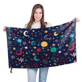 Флаг 3D с принтом Звездное небо в Петрозаводске, 100% полиэстер | плотность ткани — 95 г/м2, размер — 67 х 109 см. Принт наносится с одной стороны | абстракция | арт | звезды | космос | луна | месяц | небо | планеты