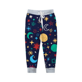 Детские брюки 3D с принтом Звездное небо в Петрозаводске, 100% полиэстер | манжеты по низу, эластичный пояс регулируется шнурком, по бокам два кармана без застежек, внутренняя часть кармана из мелкой сетки | абстракция | арт | звезды | космос | луна | месяц | небо | планеты