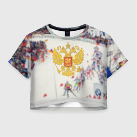 Женская футболка 3D укороченная с принтом Биатлон в Петрозаводске, 100% полиэстер | круглая горловина, длина футболки до линии талии, рукава с отворотами | 