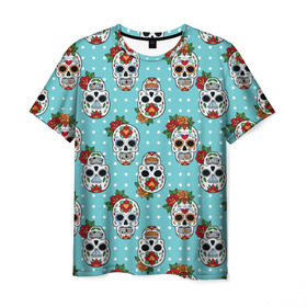 Мужская футболка 3D с принтом Узор Черепа Чикано в Петрозаводске, 100% полиэфир | прямой крой, круглый вырез горловины, длина до линии бедер | кости | мексика | мозаика | узор | цветы | череп | чикано
