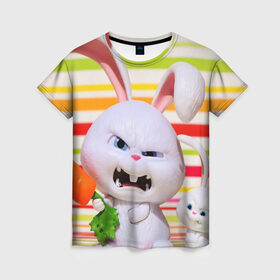 Женская футболка 3D с принтом Злой кролик в Петрозаводске, 100% полиэфир ( синтетическое хлопкоподобное полотно) | прямой крой, круглый вырез горловины, длина до линии бедер | животные | злой | игрушка | кролик | мультфильм | тайная жизнь домашних животных