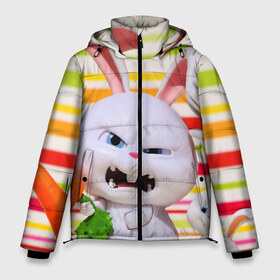 Мужская зимняя куртка 3D с принтом Злой кролик в Петрозаводске, верх — 100% полиэстер; подкладка — 100% полиэстер; утеплитель — 100% полиэстер | длина ниже бедра, свободный силуэт Оверсайз. Есть воротник-стойка, отстегивающийся капюшон и ветрозащитная планка. 

Боковые карманы с листочкой на кнопках и внутренний карман на молнии. | Тематика изображения на принте: животные | злой | игрушка | кролик | мультфильм | тайная жизнь домашних животных