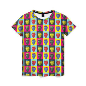 Женская футболка 3D с принтом POP ART в Петрозаводске, 100% полиэфир ( синтетическое хлопкоподобное полотно) | прямой крой, круглый вырез горловины, длина до линии бедер | popart | клубника | поп арт | ягоды