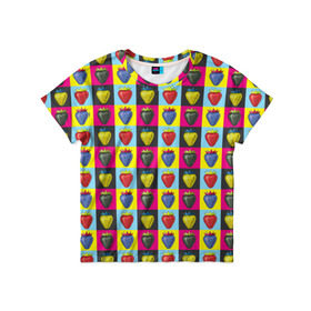 Детская футболка 3D с принтом POP ART в Петрозаводске, 100% гипоаллергенный полиэфир | прямой крой, круглый вырез горловины, длина до линии бедер, чуть спущенное плечо, ткань немного тянется | popart | клубника | поп арт | ягоды