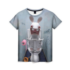Женская футболка 3D с принтом Кролик с газетой в Петрозаводске, 100% полиэфир ( синтетическое хлопкоподобное полотно) | прямой крой, круглый вырез горловины, длина до линии бедер | rabbids | вантуз | горшок | зайцы засранцы | заяц | туалет