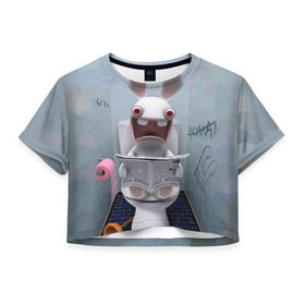 Женская футболка 3D укороченная с принтом Кролик с газетой в Петрозаводске, 100% полиэстер | круглая горловина, длина футболки до линии талии, рукава с отворотами | rabbids | вантуз | горшок | зайцы засранцы | заяц | туалет