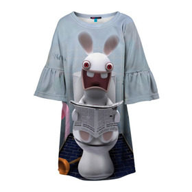 Детское платье 3D с принтом Кролик с газетой в Петрозаводске, 100% полиэстер | прямой силуэт, чуть расширенный к низу. Круглая горловина, на рукавах — воланы | Тематика изображения на принте: rabbids | вантуз | горшок | зайцы засранцы | заяц | туалет