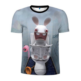Мужская футболка 3D спортивная с принтом Кролик с газетой в Петрозаводске, 100% полиэстер с улучшенными характеристиками | приталенный силуэт, круглая горловина, широкие плечи, сужается к линии бедра | rabbids | вантуз | горшок | зайцы засранцы | заяц | туалет