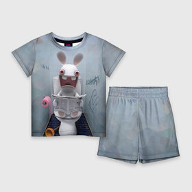Детский костюм с шортами 3D с принтом Кролик с газетой в Петрозаводске,  |  | rabbids | вантуз | горшок | зайцы засранцы | заяц | туалет
