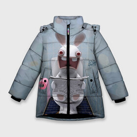 Зимняя куртка для девочек 3D с принтом Кролик с газетой в Петрозаводске, ткань верха — 100% полиэстер; подклад — 100% полиэстер, утеплитель — 100% полиэстер. | длина ниже бедра, удлиненная спинка, воротник стойка и отстегивающийся капюшон. Есть боковые карманы с листочкой на кнопках, утяжки по низу изделия и внутренний карман на молнии. 

Предусмотрены светоотражающий принт на спинке, радужный светоотражающий элемент на пуллере молнии и на резинке для утяжки. | Тематика изображения на принте: rabbids | вантуз | горшок | зайцы засранцы | заяц | туалет