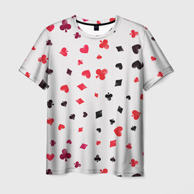 Мужская футболка 3D с принтом Карточные масти в Петрозаводске, 100% полиэфир | прямой крой, круглый вырез горловины, длина до линии бедер | бубны | казино | карты | крести | пики | покер | туз | червы