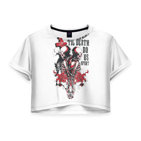 Женская футболка 3D укороченная с принтом Охрана дьявола в Петрозаводске, 100% полиэстер | круглая горловина, длина футболки до линии талии, рукава с отворотами | ад | дьявол | мотоцикл | огонь | пламя | череп | черный
