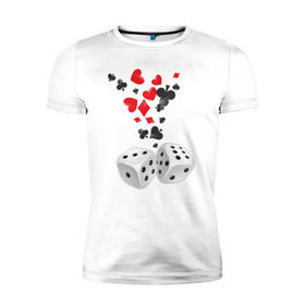 Мужская футболка премиум с принтом Игральные кости в Петрозаводске, 92% хлопок, 8% лайкра | приталенный силуэт, круглый вырез ворота, длина до линии бедра, короткий рукав | бубны | казино | карты | кости | крести | пики | покер | туз | червы
