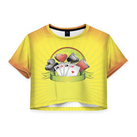 Женская футболка 3D укороченная с принтом Четыре туза 2 в Петрозаводске, 100% полиэстер | круглая горловина, длина футболки до линии талии, рукава с отворотами | бубны | казино | карты | пики | покер | трефы | туз | червы