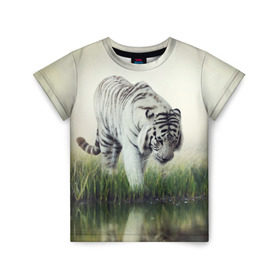 Детская футболка 3D с принтом Белый тигр в Петрозаводске, 100% гипоаллергенный полиэфир | прямой крой, круглый вырез горловины, длина до линии бедер, чуть спущенное плечо, ткань немного тянется | Тематика изображения на принте: дикая кошка | природа | тигр | хищник