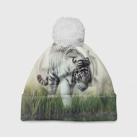 Шапка 3D c помпоном с принтом Белый тигр в Петрозаводске, 100% полиэстер | универсальный размер, печать по всей поверхности изделия | дикая кошка | природа | тигр | хищник