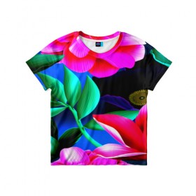 Детская футболка 3D с принтом Цветочки в Петрозаводске, 100% гипоаллергенный полиэфир | прямой крой, круглый вырез горловины, длина до линии бедер, чуть спущенное плечо, ткань немного тянется | розовые | цветы