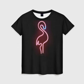 Женская футболка 3D с принтом Светящийся фламинго в Петрозаводске, 100% полиэфир ( синтетическое хлопкоподобное полотно) | прямой крой, круглый вырез горловины, длина до линии бедер | неон | птицы | фламинго