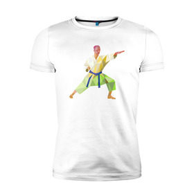 Мужская футболка премиум с принтом Каратист в Петрозаводске, 92% хлопок, 8% лайкра | приталенный силуэт, круглый вырез ворота, длина до линии бедра, короткий рукав | геометрия | каратэ | полигональный | спорт