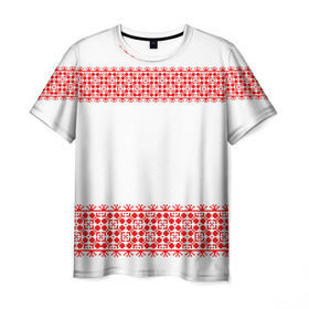 Мужская футболка 3D с принтом Славянский орнамент (на белом) в Петрозаводске, 100% полиэфир | прямой крой, круглый вырез горловины, длина до линии бедер | Тематика изображения на принте: орнамент | россия | славяне | узор