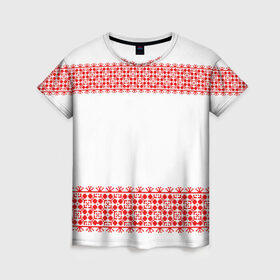 Женская футболка 3D с принтом Славянский орнамент (на белом) в Петрозаводске, 100% полиэфир ( синтетическое хлопкоподобное полотно) | прямой крой, круглый вырез горловины, длина до линии бедер | орнамент | россия | славяне | узор