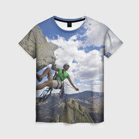 Женская футболка 3D с принтом На пике славы в Петрозаводске, 100% полиэфир ( синтетическое хлопкоподобное полотно) | прямой крой, круглый вырез горловины, длина до линии бедер | альпинист | горы | дерево | новинки | природа