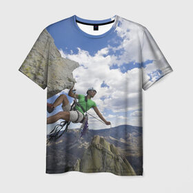 Мужская футболка 3D с принтом На пике славы в Петрозаводске, 100% полиэфир | прямой крой, круглый вырез горловины, длина до линии бедер | альпинист | горы | дерево | новинки | природа