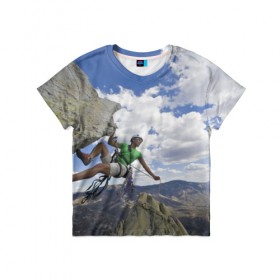 Детская футболка 3D с принтом На пике славы в Петрозаводске, 100% гипоаллергенный полиэфир | прямой крой, круглый вырез горловины, длина до линии бедер, чуть спущенное плечо, ткань немного тянется | Тематика изображения на принте: альпинист | горы | дерево | новинки | природа