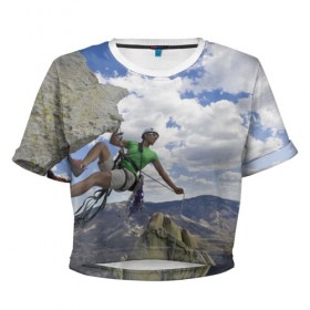 Женская футболка 3D укороченная с принтом На пике славы в Петрозаводске, 100% полиэстер | круглая горловина, длина футболки до линии талии, рукава с отворотами | альпинист | горы | дерево | новинки | природа