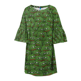 Детское платье 3D с принтом Грустные лягушки в Петрозаводске, 100% полиэстер | прямой силуэт, чуть расширенный к низу. Круглая горловина, на рукавах — воланы | frog | mem | sad | мем