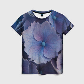 Женская футболка 3D с принтом Синие цветочки в Петрозаводске, 100% полиэфир ( синтетическое хлопкоподобное полотно) | прямой крой, круглый вырез горловины, длина до линии бедер | синий | сиреневый | цветок | цветы