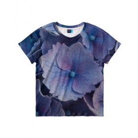 Детская футболка 3D с принтом Синие цветочки в Петрозаводске, 100% гипоаллергенный полиэфир | прямой крой, круглый вырез горловины, длина до линии бедер, чуть спущенное плечо, ткань немного тянется | синий | сиреневый | цветок | цветы