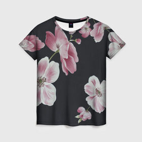 Женская футболка 3D с принтом Цветы на черном фоне в Петрозаводске, 100% полиэфир ( синтетическое хлопкоподобное полотно) | прямой крой, круглый вырез горловины, длина до линии бедер | растения | стиль | цветы