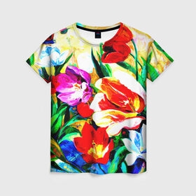 Женская футболка 3D с принтом Тюльпаны в Петрозаводске, 100% полиэфир ( синтетическое хлопкоподобное полотно) | прямой крой, круглый вырез горловины, длина до линии бедер | букет | цветы | яркие